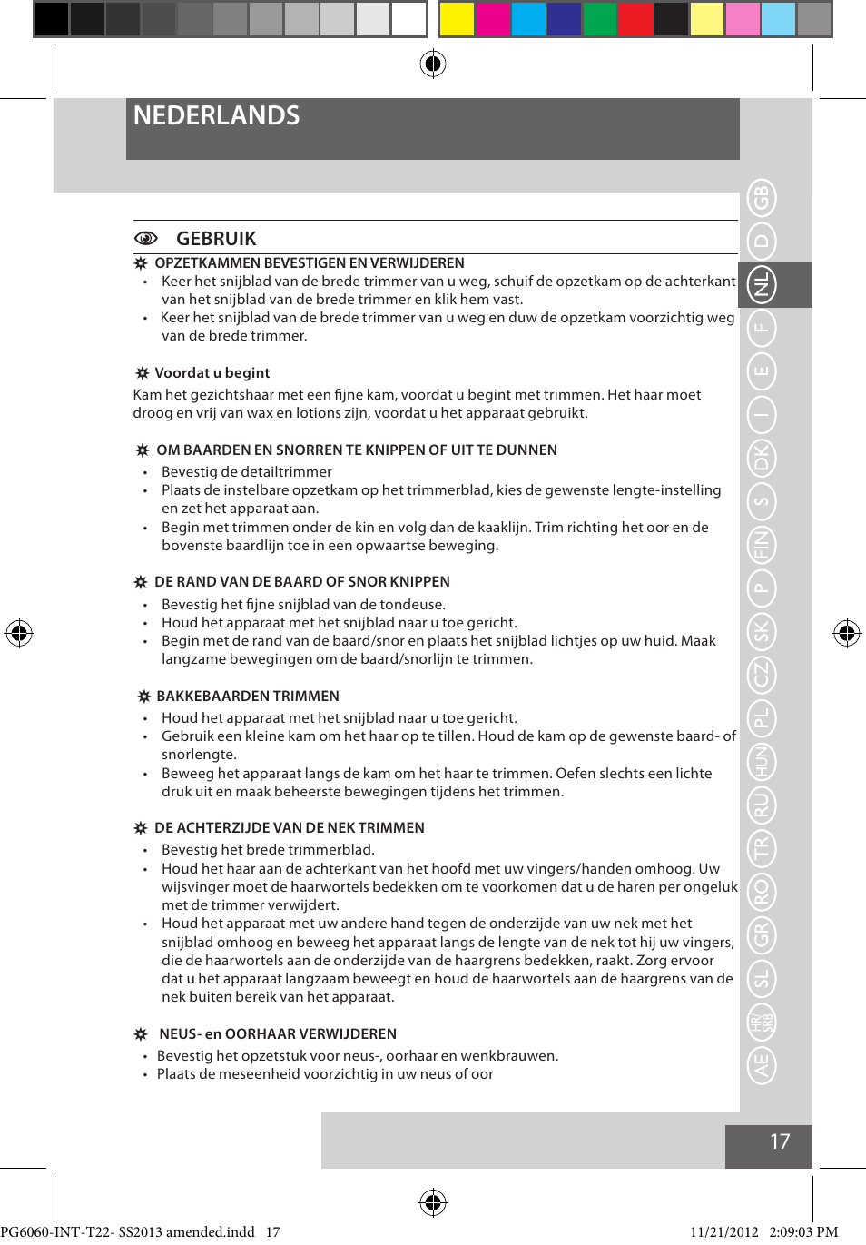 Nederlands, Cgebruik | Remington PG6060 User Manual | Page 17 / 140