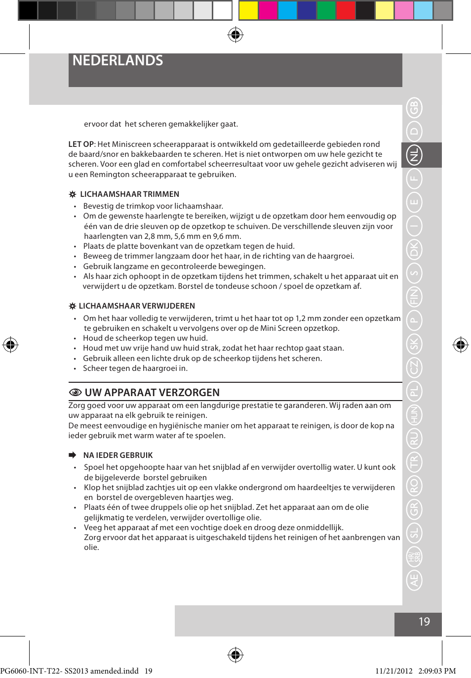 Nederlands, Cuw apparaat verzorgen | Remington PG6060 User Manual | Page 19 / 140
