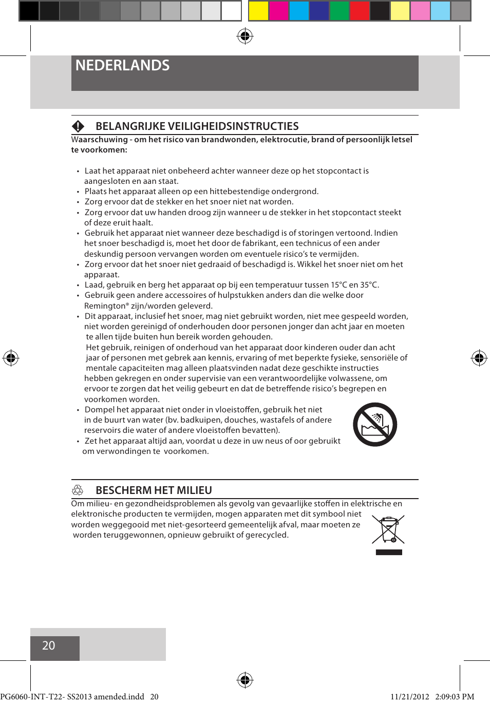 Nederlands, Fbelangrijke veiligheidsinstructies, Hbescherm het milieu | Remington PG6060 User Manual | Page 20 / 140
