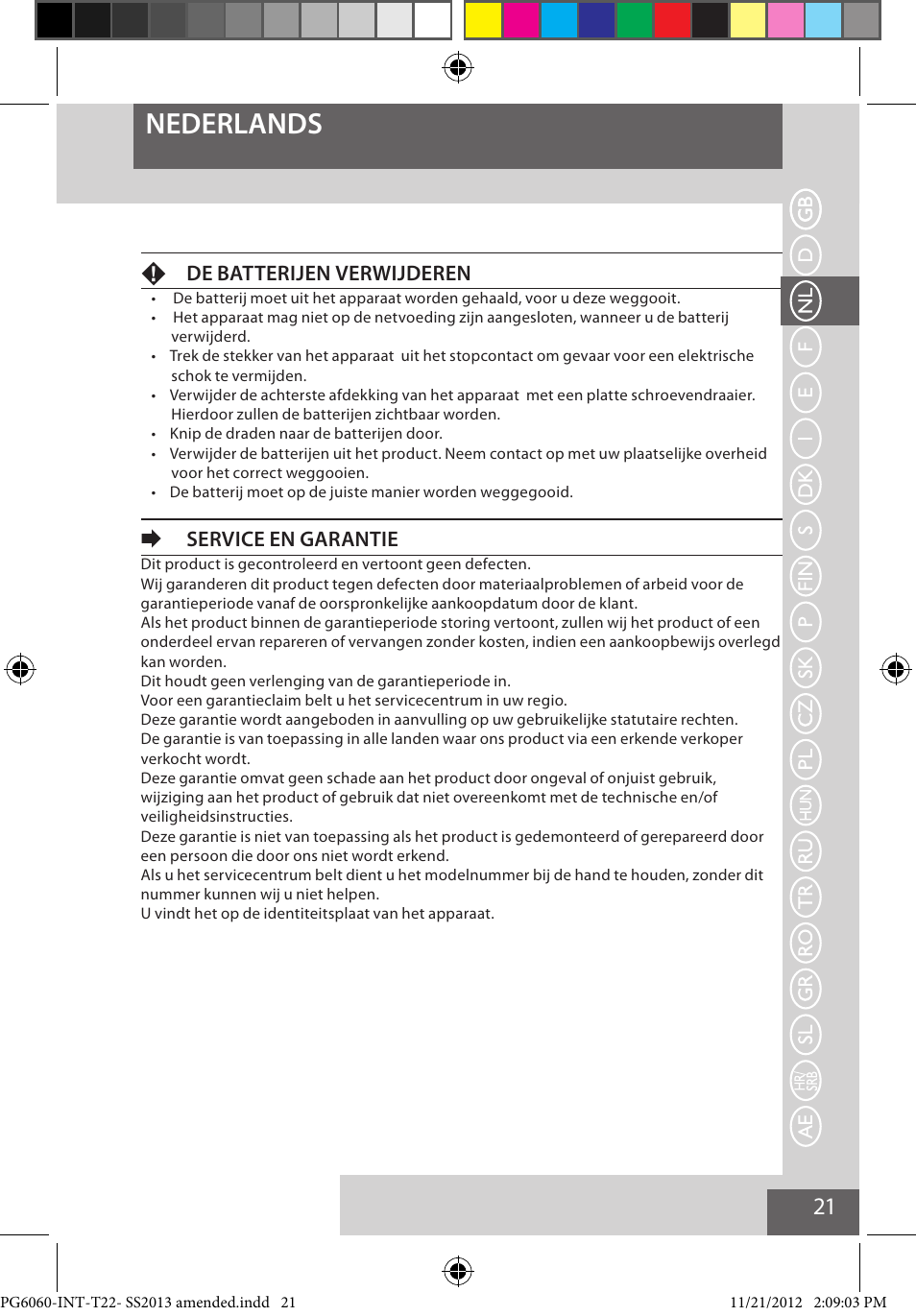 Nederlands, Fde batterijen verwijderen, Eservice en garantie | Remington PG6060 User Manual | Page 21 / 140