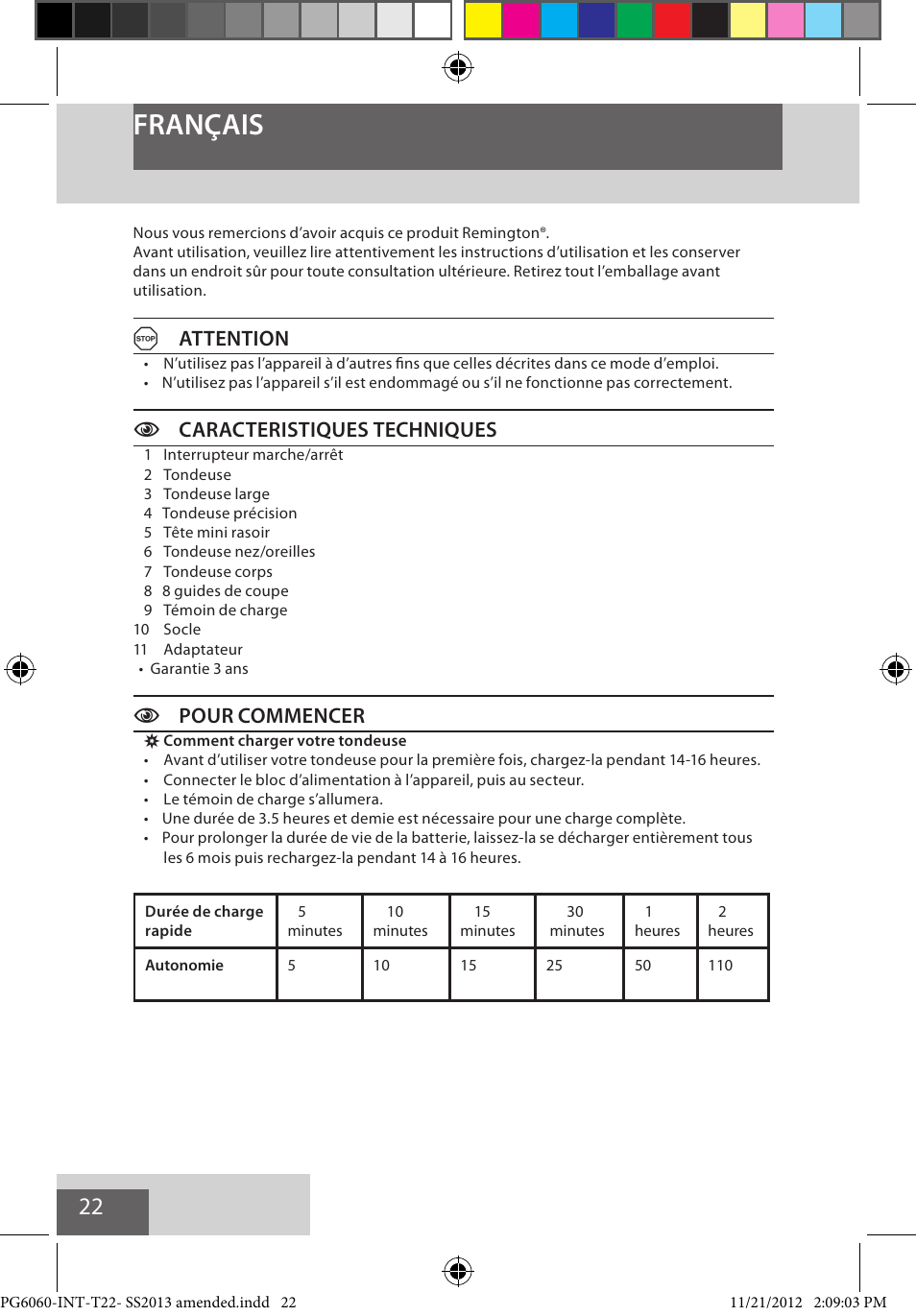 Français, Aattention, Ccaracteristiques techniques | Cpour commencer | Remington PG6060 User Manual | Page 22 / 140