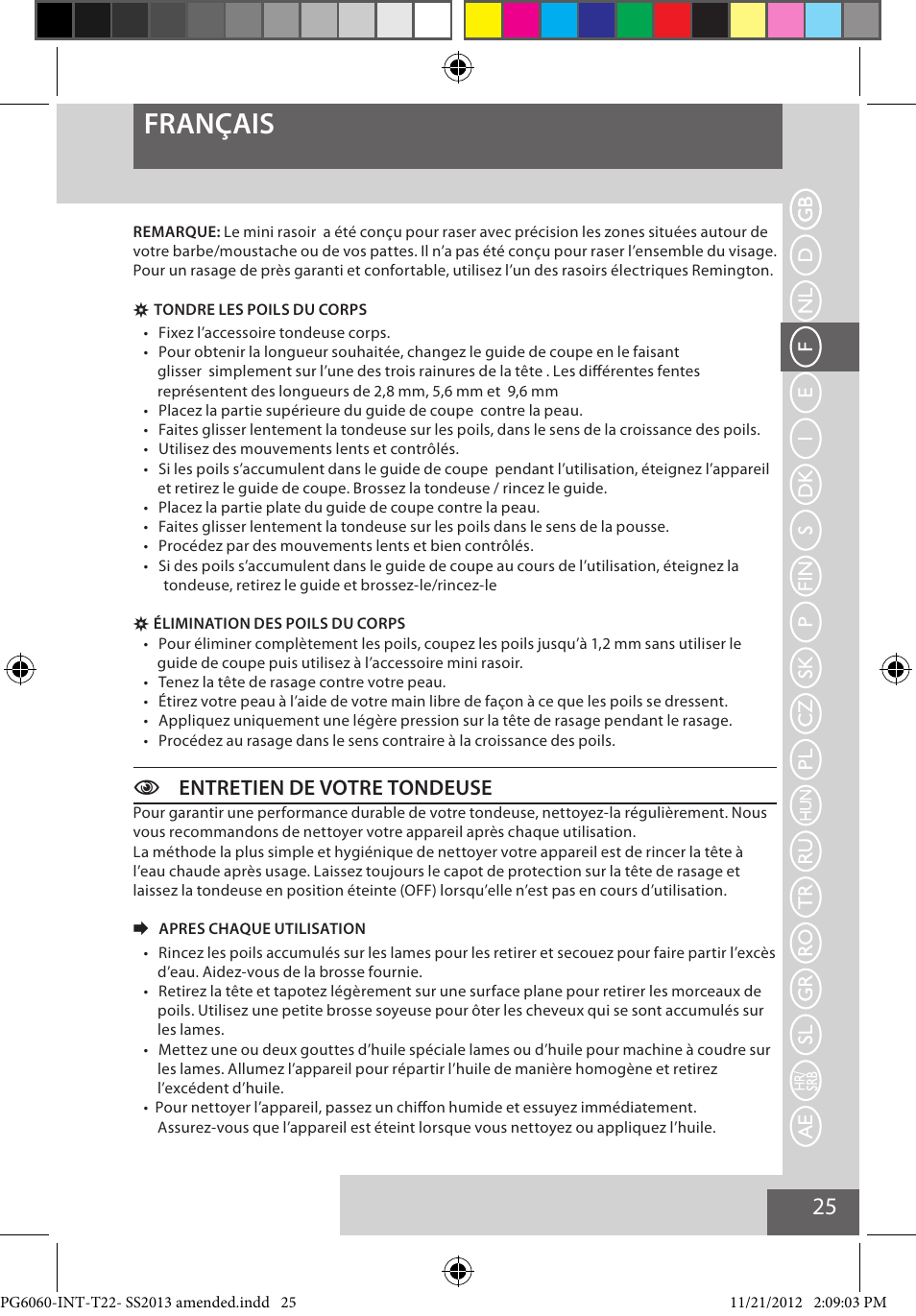 Français, Centretien de votre tondeuse | Remington PG6060 User Manual | Page 25 / 140