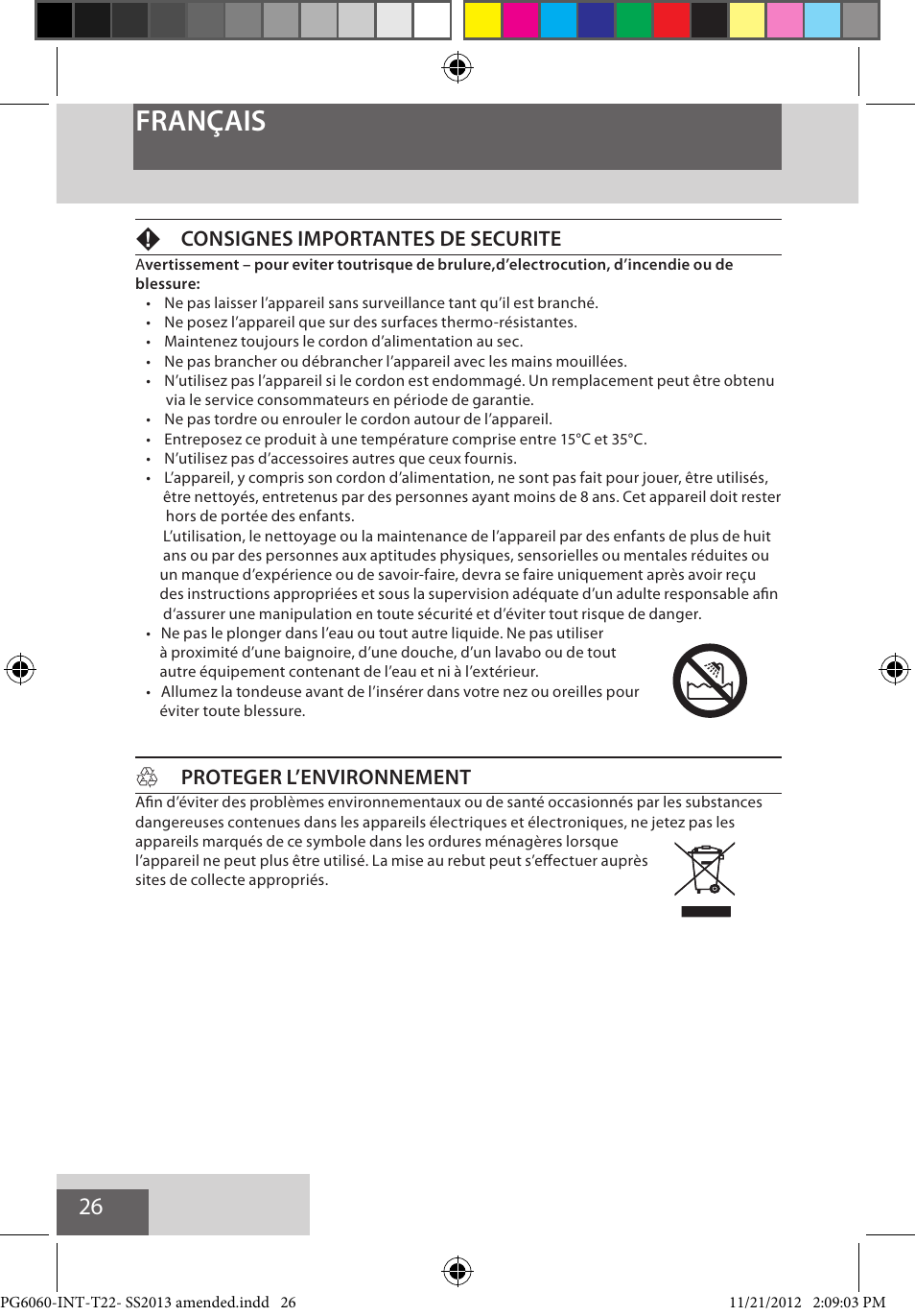 Français, Fconsignes importantes de securite, Hproteger l’environnement | Remington PG6060 User Manual | Page 26 / 140