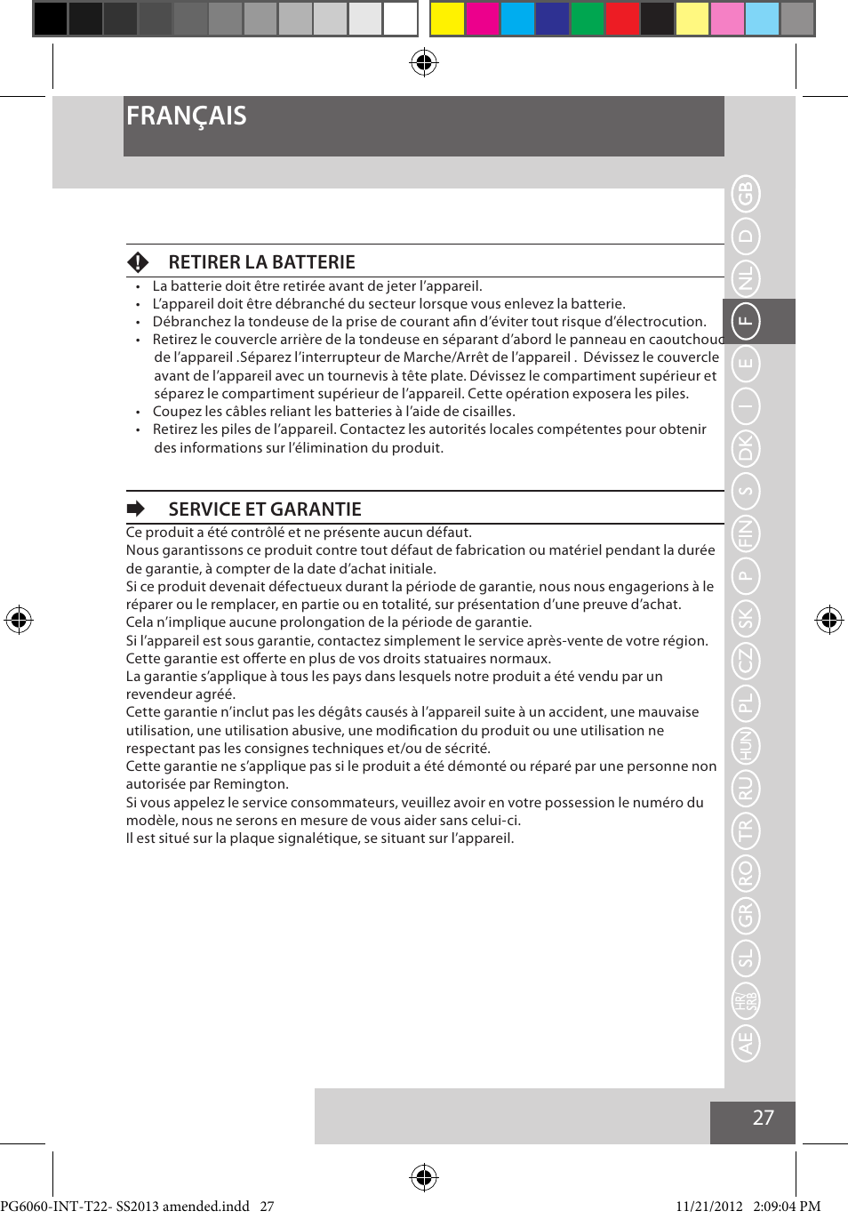 Français, Fretirer la batterie, Eservice et garantie | Remington PG6060 User Manual | Page 27 / 140