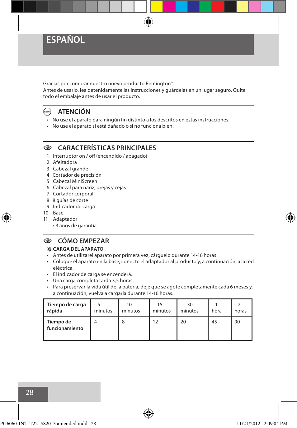 Español, Aatención, Ccaracterísticas principales | Ccómo empezar | Remington PG6060 User Manual | Page 28 / 140