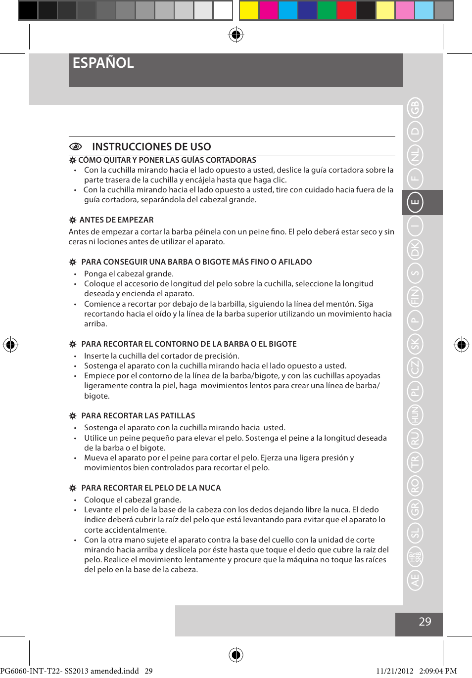 Español, Cinstrucciones de uso | Remington PG6060 User Manual | Page 29 / 140
