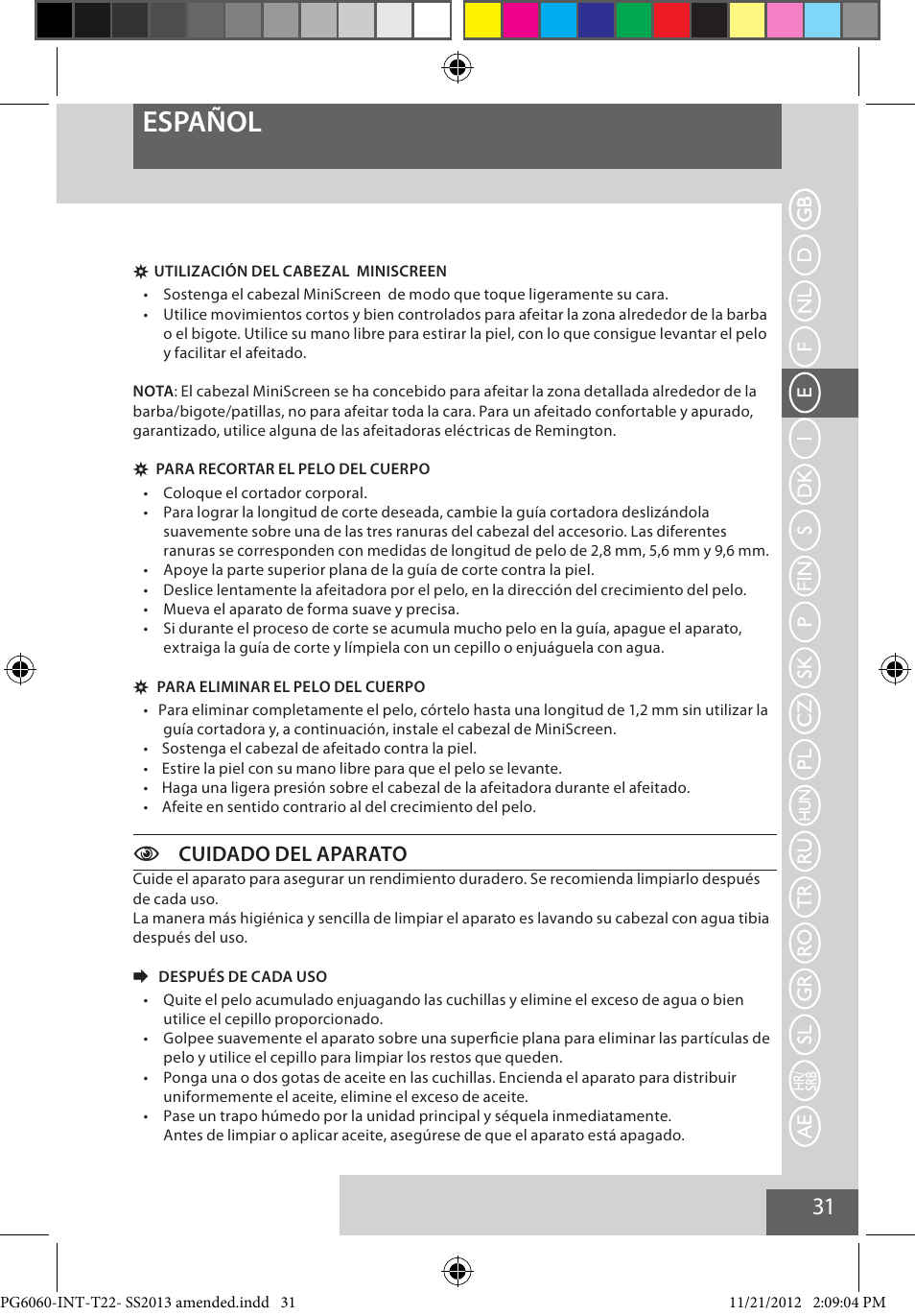 Español, Ccuidado del aparato | Remington PG6060 User Manual | Page 31 / 140