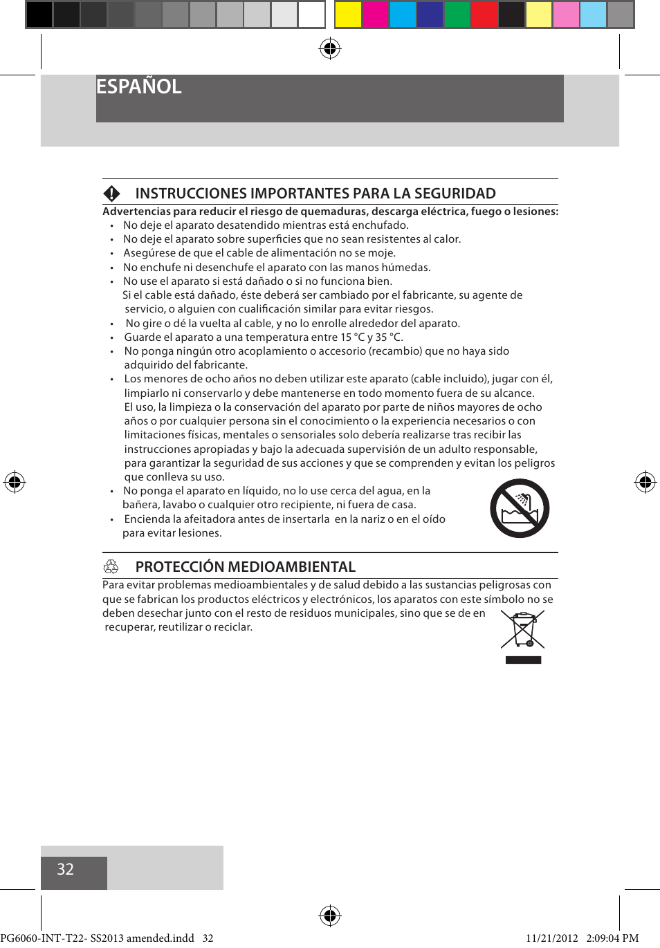 Español, Finstrucciones importantes para la seguridad, Hprotección medioambiental | Remington PG6060 User Manual | Page 32 / 140