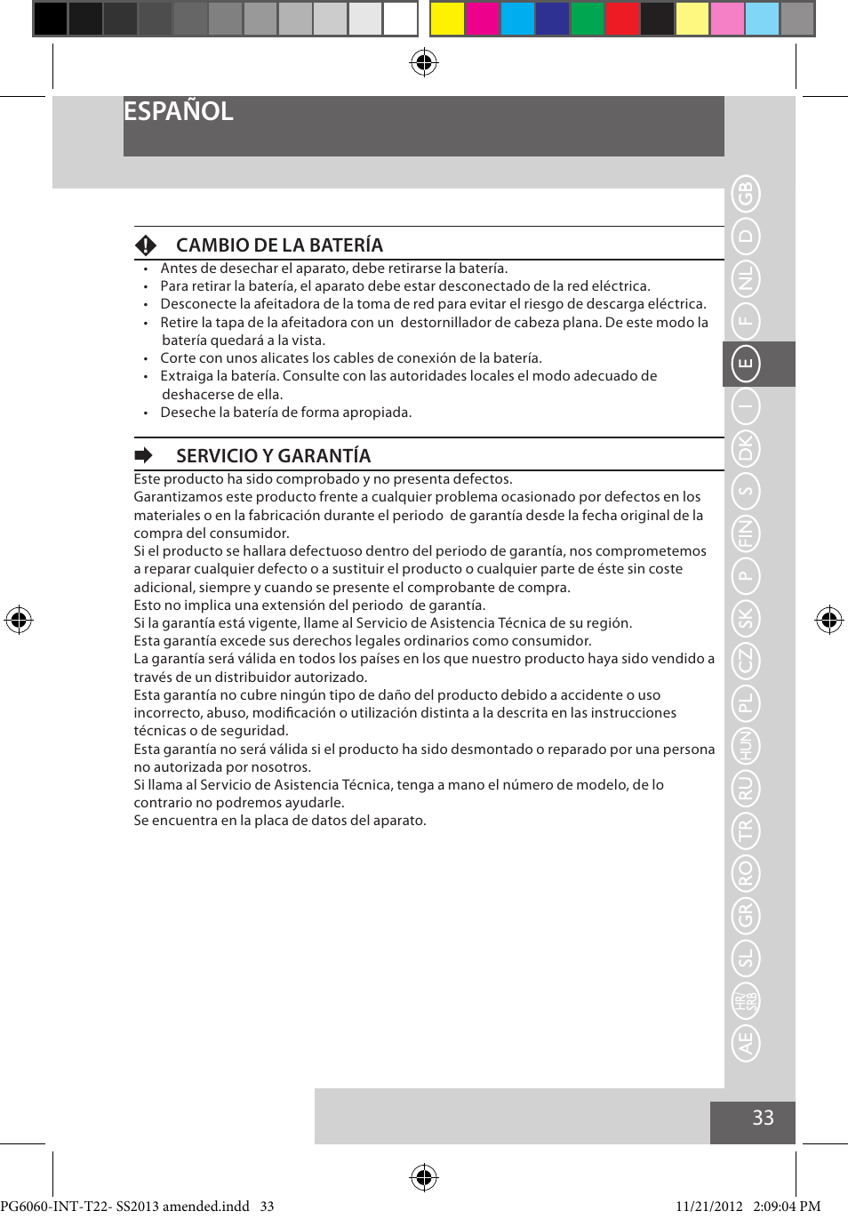Español, Fcambio de la batería, Eservicio y garantía | Remington PG6060 User Manual | Page 33 / 140