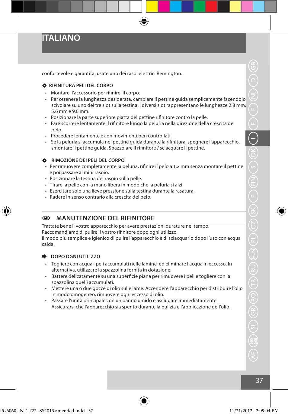 Italiano, Cmanutenzione del rifinitore | Remington PG6060 User Manual | Page 37 / 140