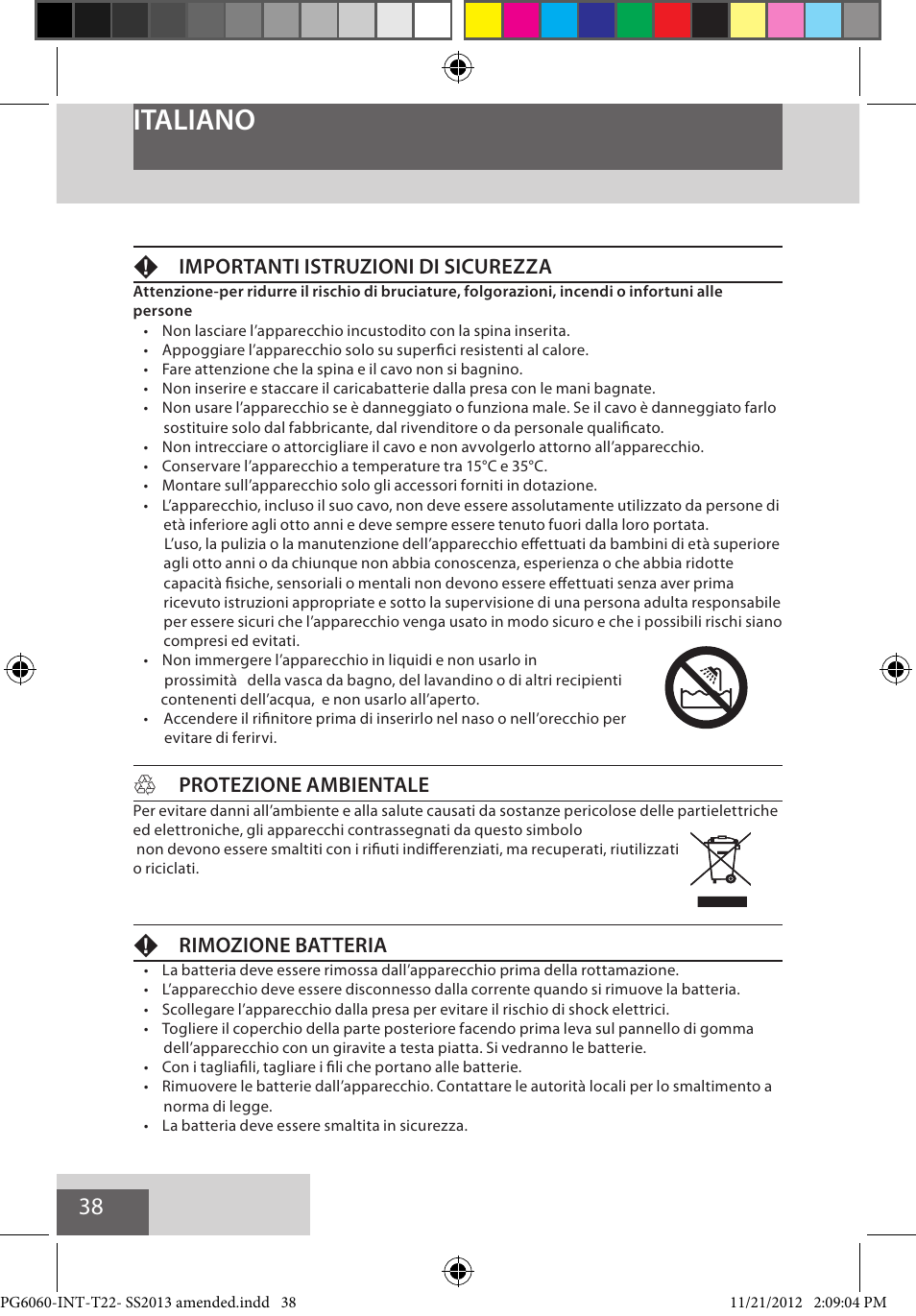Italiano, Fimportanti istruzioni di sicurezza, Hprotezione ambientale | Frimozione batteria | Remington PG6060 User Manual | Page 38 / 140