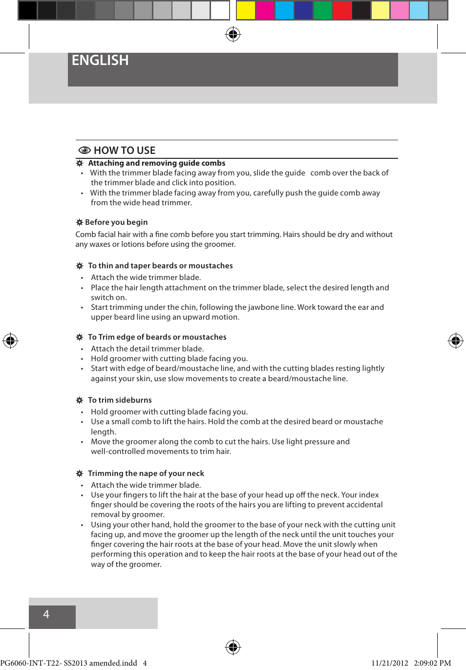 English, C how to use | Remington PG6060 User Manual | Page 4 / 140
