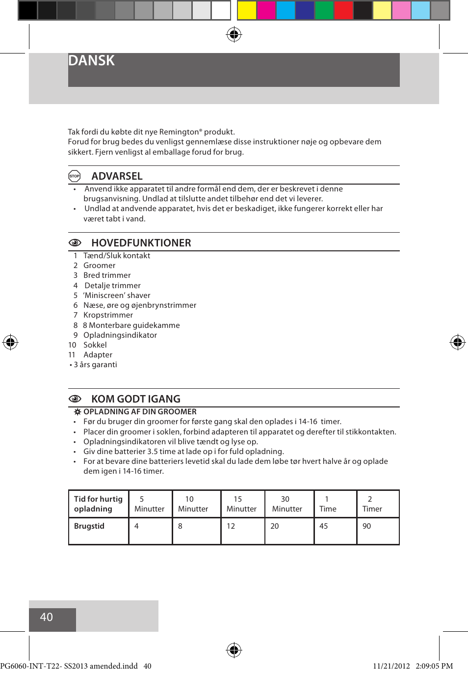 Dansk, Aadvarsel, Chovedfunktioner | Ckom godt igang | Remington PG6060 User Manual | Page 40 / 140