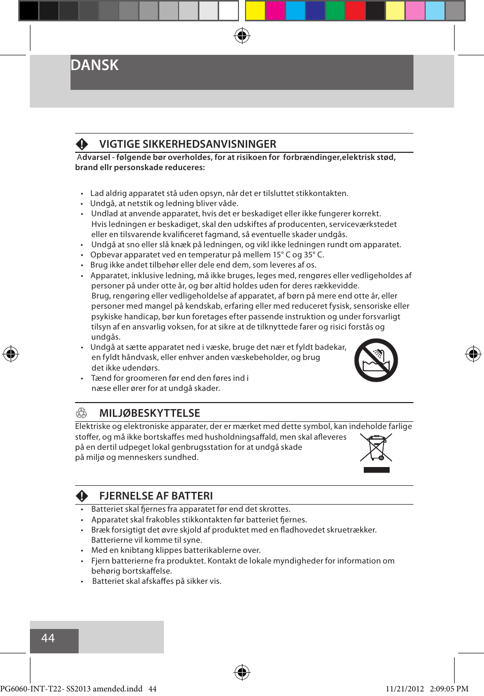 Dansk, Fvigtige sikkerhedsanvisninger, Hmiljøbeskyttelse | Ffjernelse af batteri | Remington PG6060 User Manual | Page 44 / 140