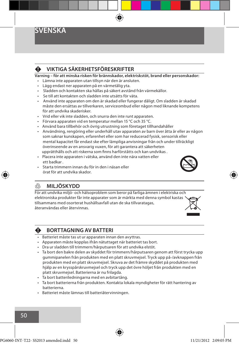 Svenska, Fviktiga säkerhetsföreskrifter, Hmiljöskydd | Fborttagning av batteri | Remington PG6060 User Manual | Page 50 / 140
