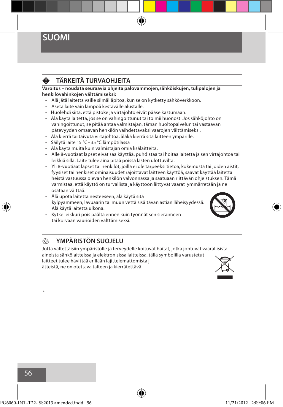 Suomi, Ftärkeitä turvaohjeita, Hympäristön suojelu | Remington PG6060 User Manual | Page 56 / 140