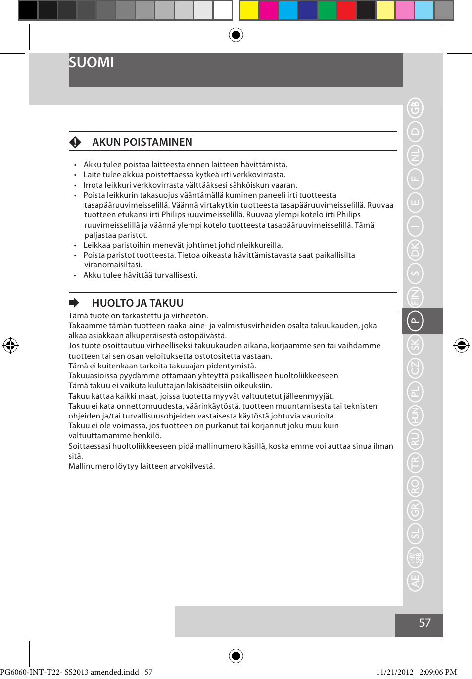 Suomi, Fakun poistaminen, Ehuolto ja takuu | Remington PG6060 User Manual | Page 57 / 140