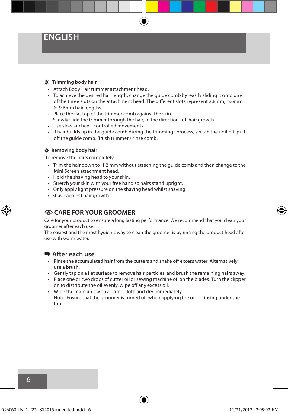 English, Ccare for your groomer, Eafter each use | Remington PG6060 User Manual | Page 6 / 140