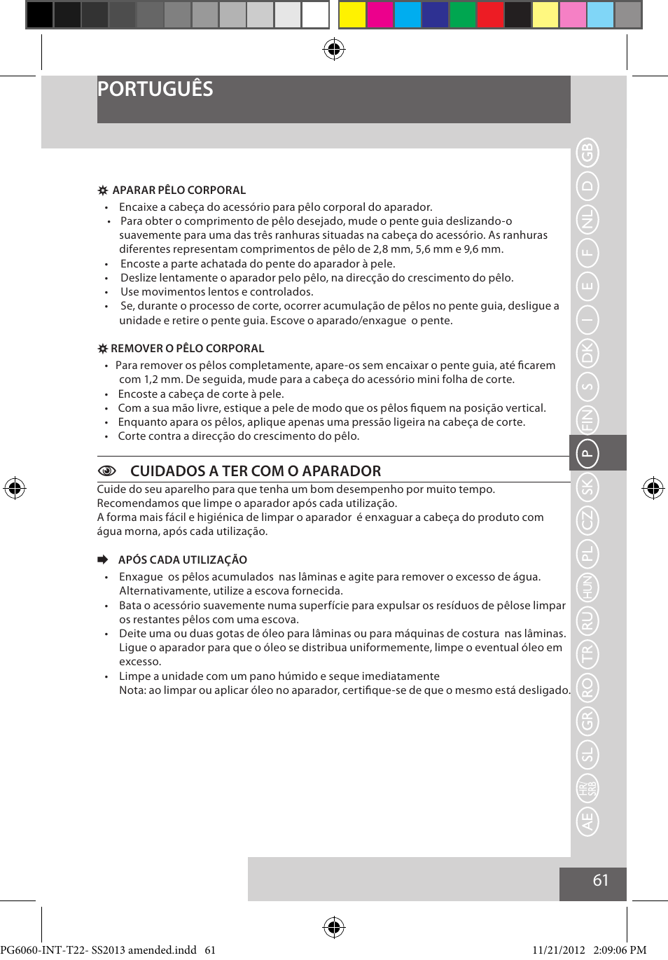 Português, Ccuidados a ter com o aparador | Remington PG6060 User Manual | Page 61 / 140