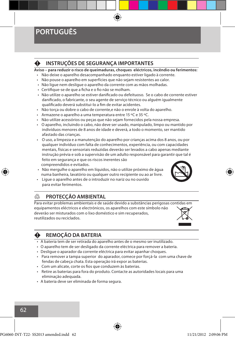 Português, Finstruções de segurança importantes, Hprotecção ambiental | Fremoção da bateria | Remington PG6060 User Manual | Page 62 / 140