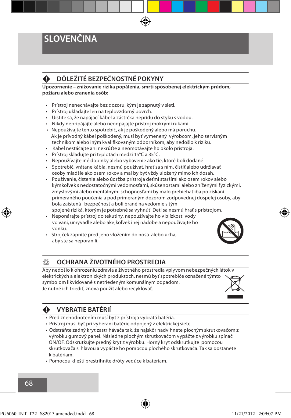 Slovenčina, Fdôležité bezpečnostné pokyny, Hochrana životného prostredia | Fvybratie batérií | Remington PG6060 User Manual | Page 68 / 140