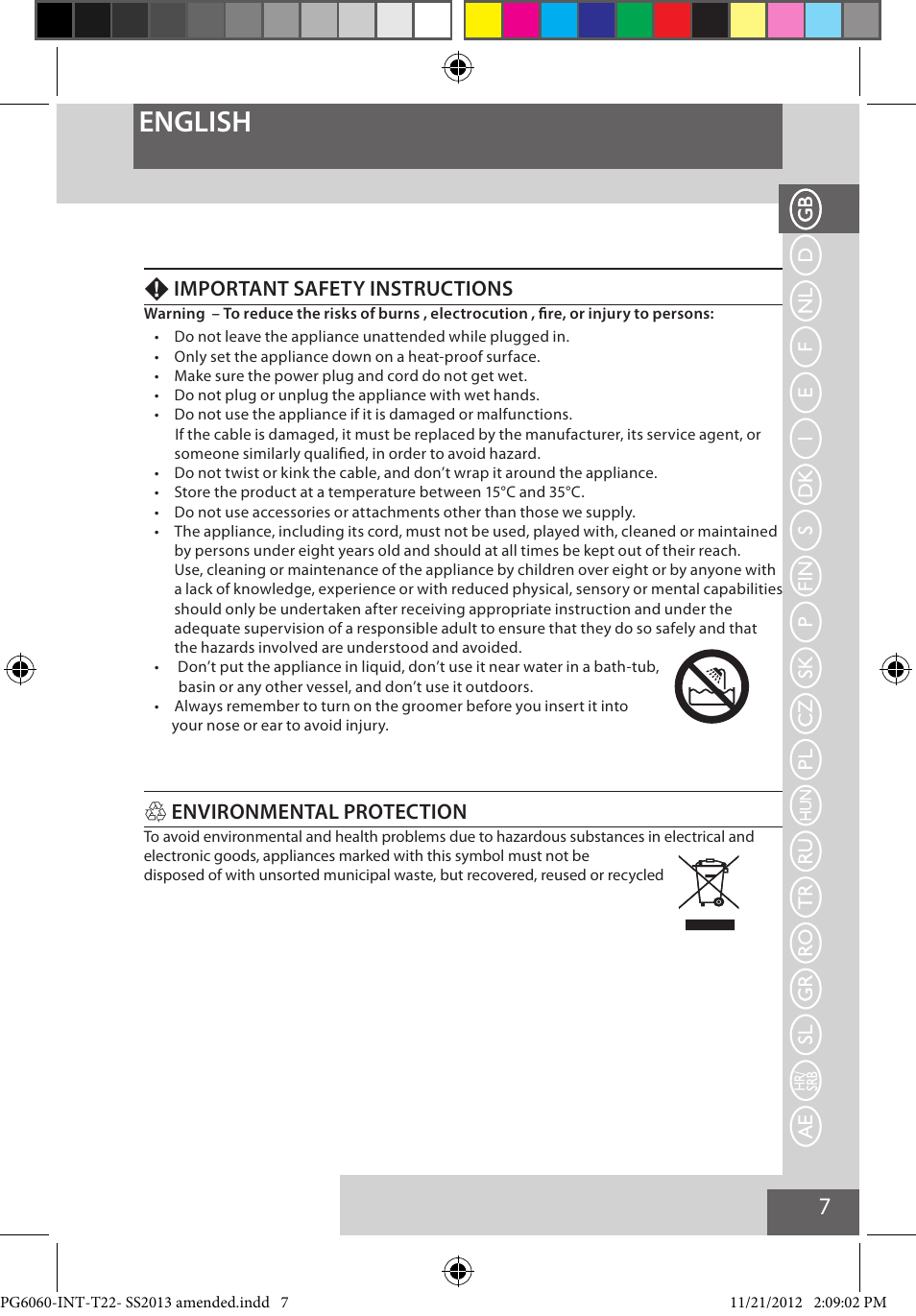 English, Fimportant safety instructions, Henvironmental protection | Remington PG6060 User Manual | Page 7 / 140