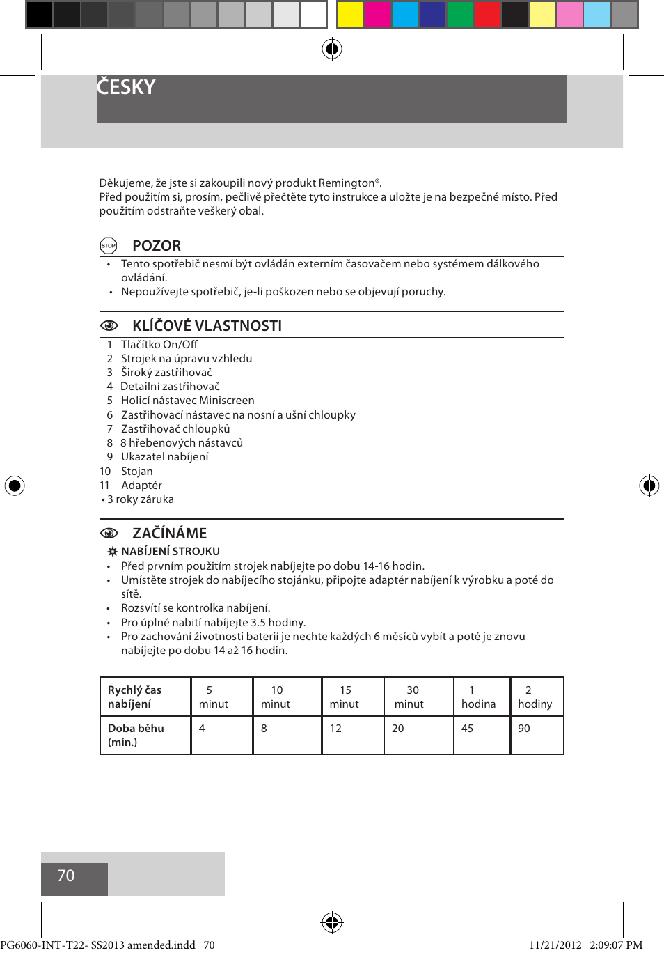 Česky, Apozor, Cklíčové vlastnosti | Czačínáme | Remington PG6060 User Manual | Page 70 / 140