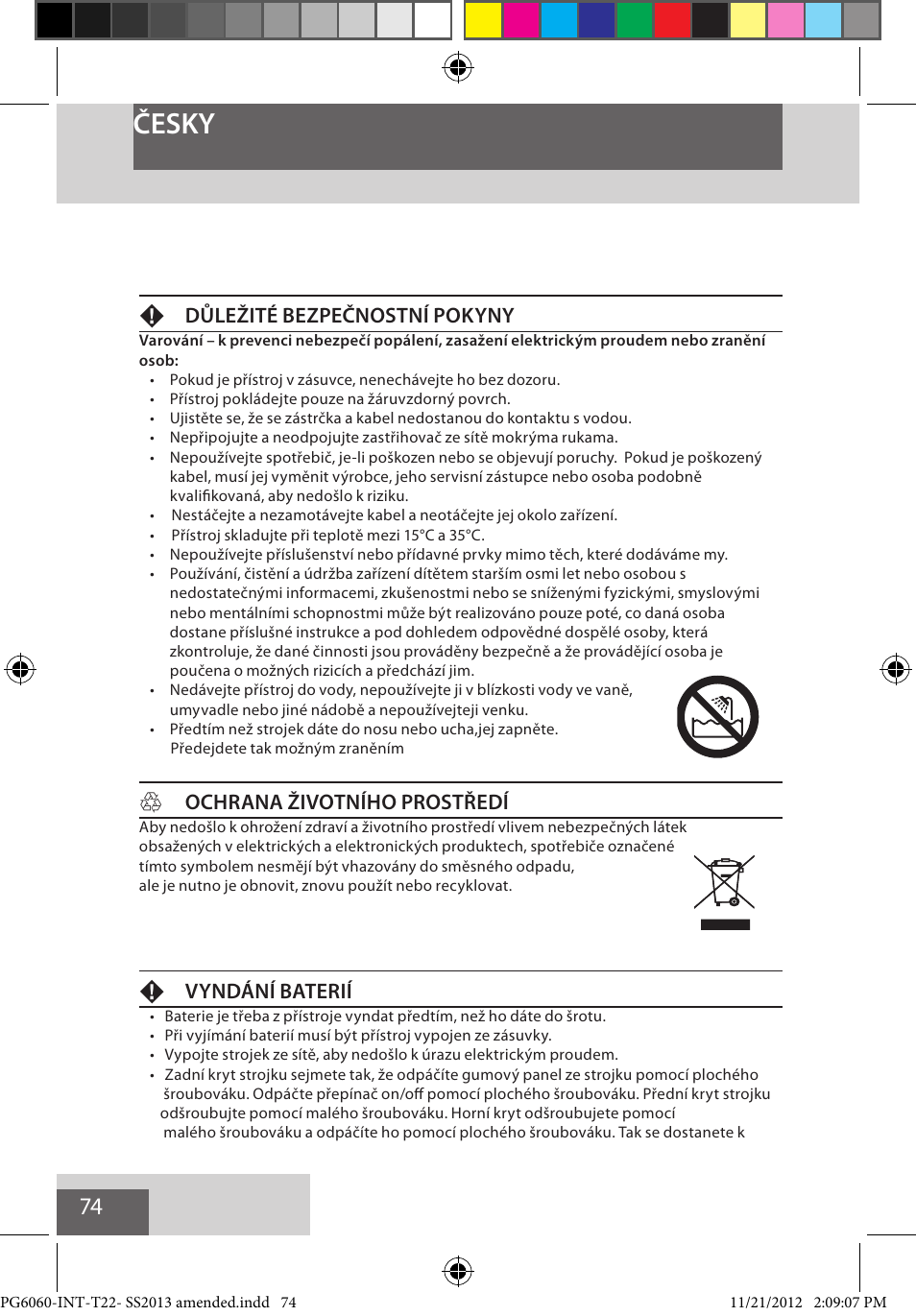 Česky, Fdůležité bezpečnostní pokyny, H ochrana životního prostředí | Fvyndání baterií | Remington PG6060 User Manual | Page 74 / 140