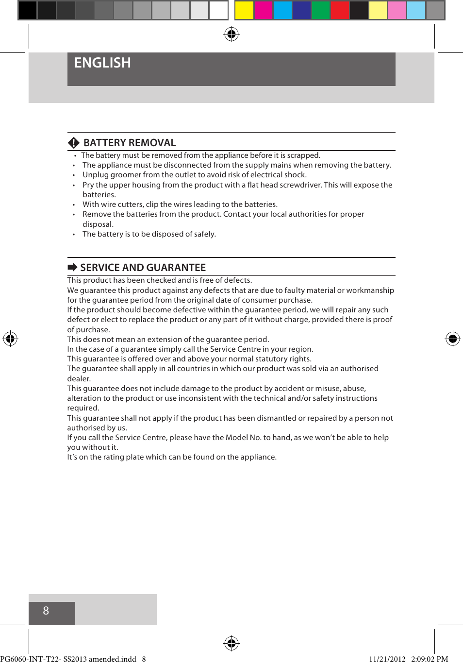 English, Battery removal, Eservice and guarantee | Remington PG6060 User Manual | Page 8 / 140