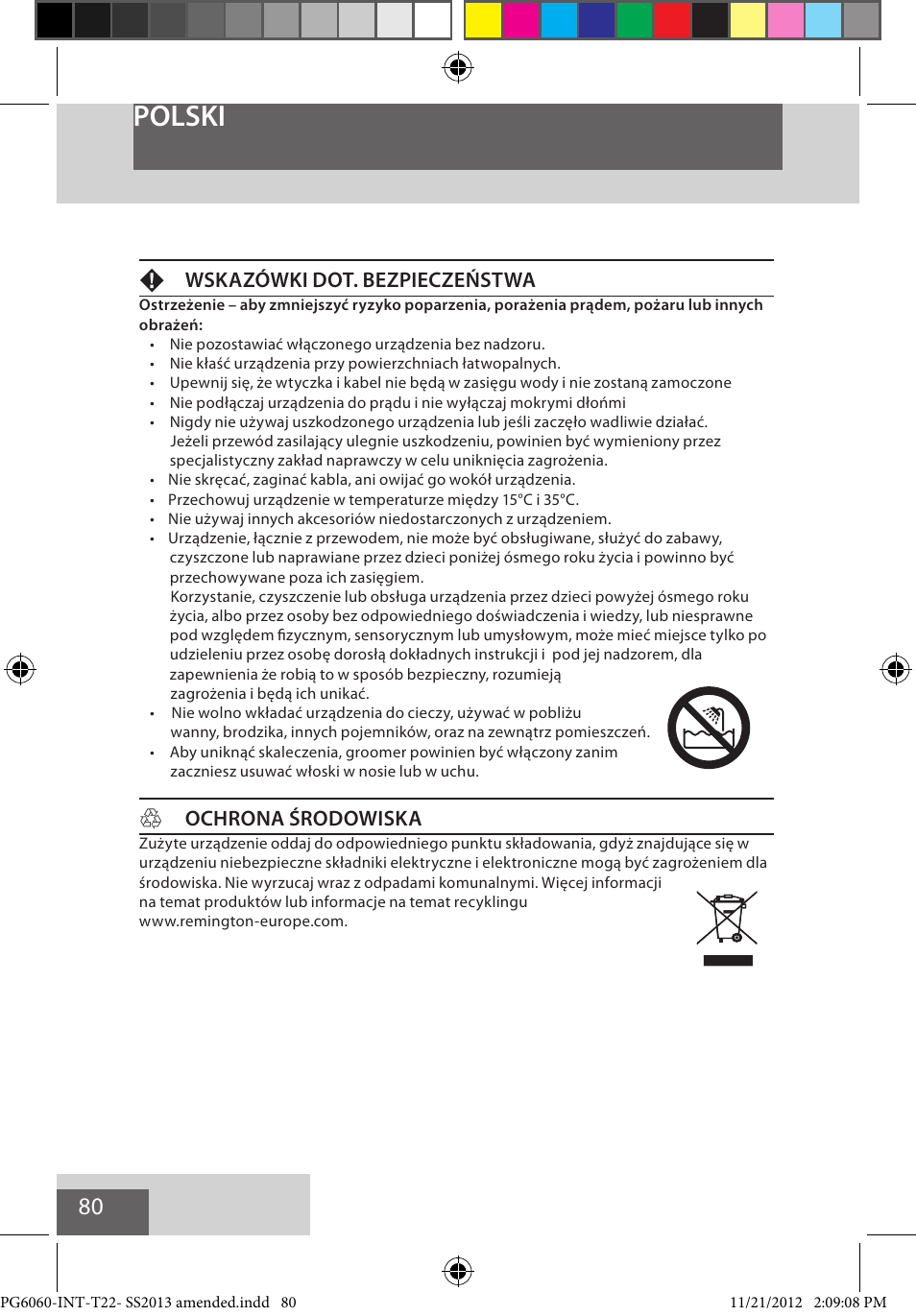Polski, Fwskazówki dot. bezpieczeństwa, Hochrona środowiska | Remington PG6060 User Manual | Page 80 / 140