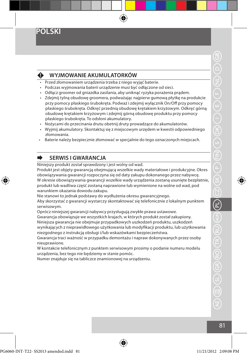 Polski, Fwyjmowanie akumulatorków, Eserwis i gwarancja | Remington PG6060 User Manual | Page 81 / 140