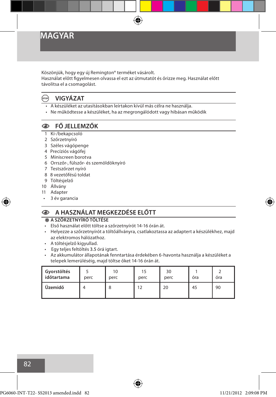 Magyar, Avigyázat, Cfő jellemzők | Ca használat megkezdése előtt | Remington PG6060 User Manual | Page 82 / 140
