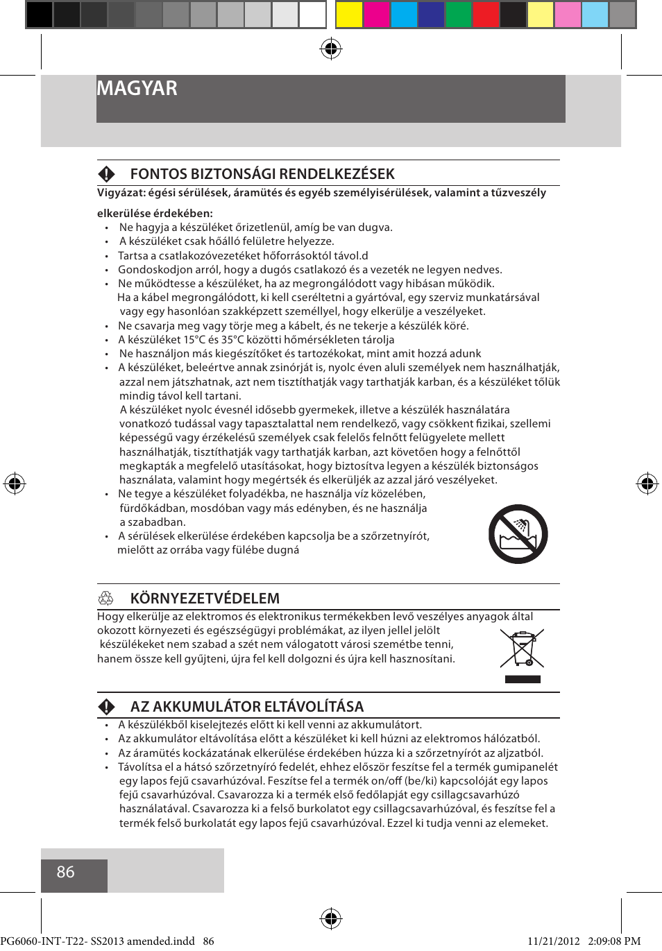 Magyar, Ffontos biztonsági rendelkezések, Hkörnyezetvédelem | Faz akkumulátor eltávolítása | Remington PG6060 User Manual | Page 86 / 140