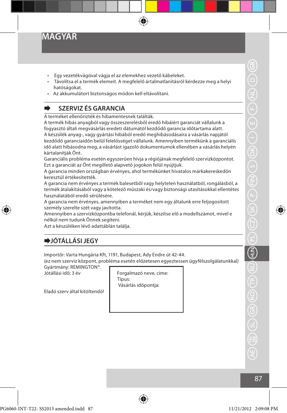 Magyar, Eszerviz és garancia, Ejótállási jegy | Remington PG6060 User Manual | Page 87 / 140