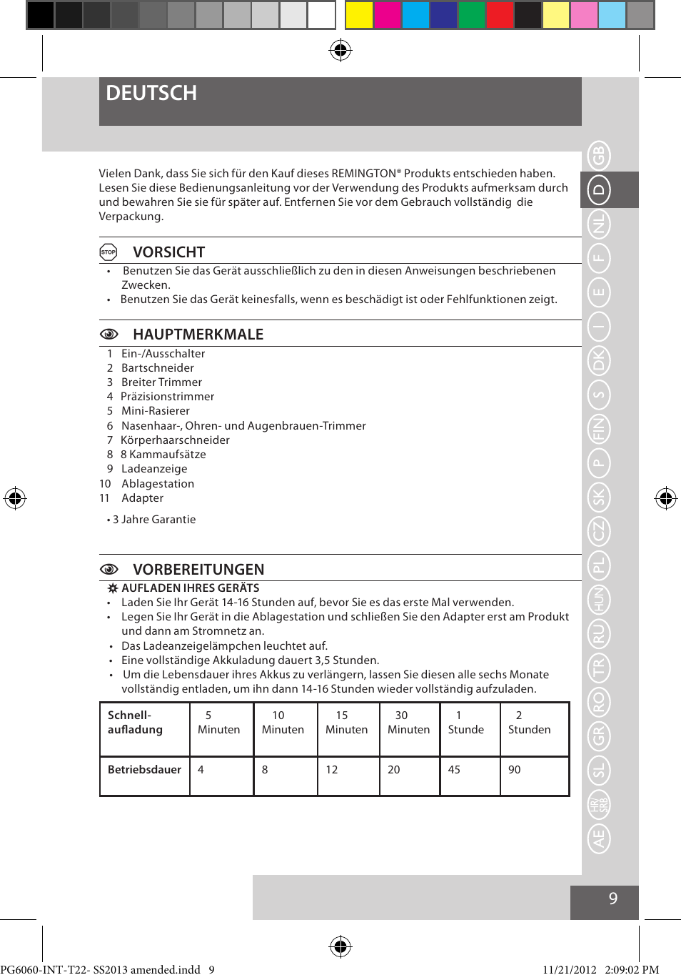 Deutsch, Avorsicht, Chauptmerkmale | Cvorbereitungen | Remington PG6060 User Manual | Page 9 / 140