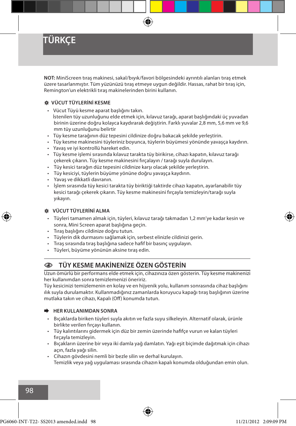Türkçe, Ctüy kesme makinenize özen gösterin | Remington PG6060 User Manual | Page 98 / 140
