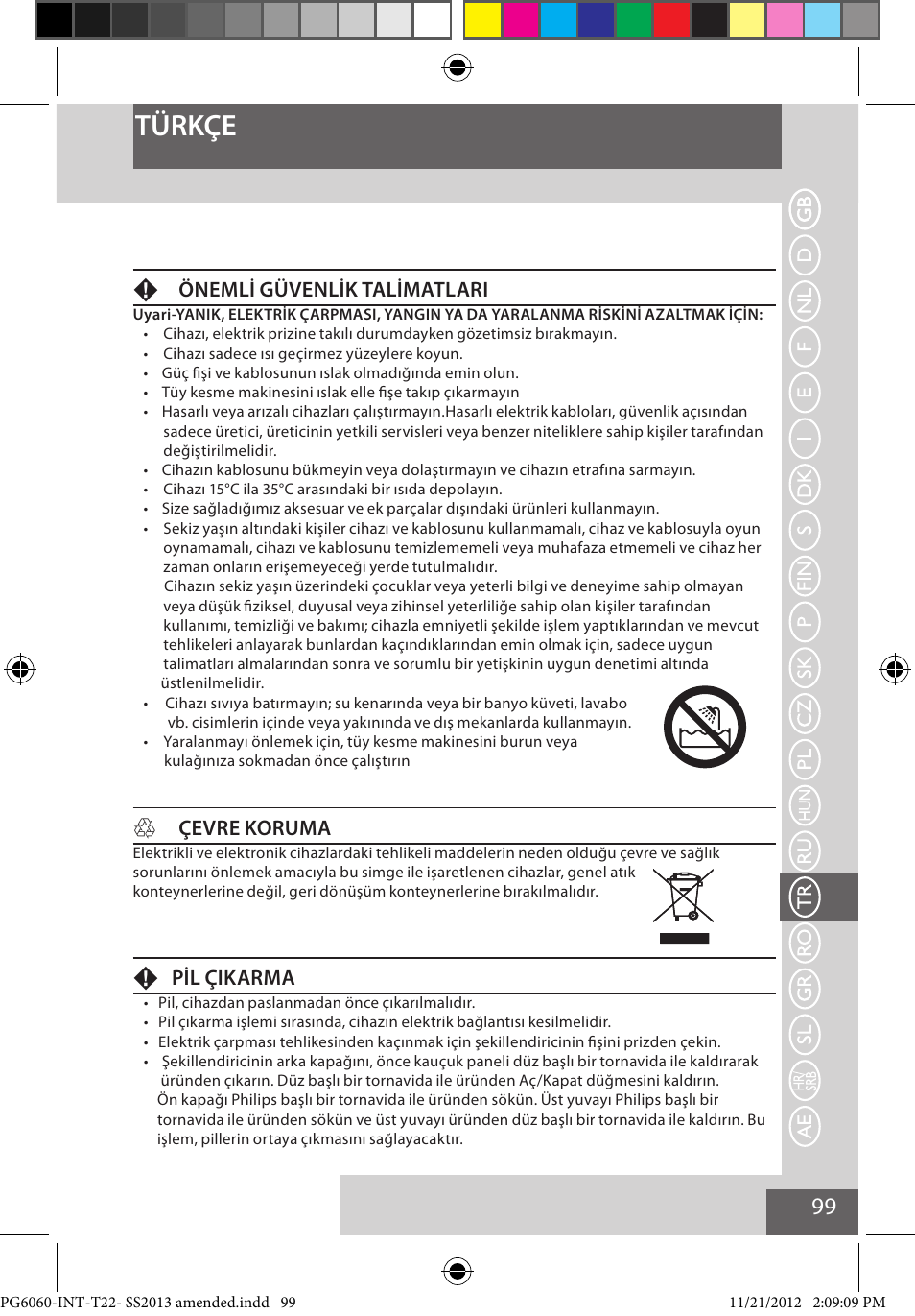 Türkçe, Fönemli güvenlik talimatlari, Hçevre koruma | Fpil çikarma | Remington PG6060 User Manual | Page 99 / 140