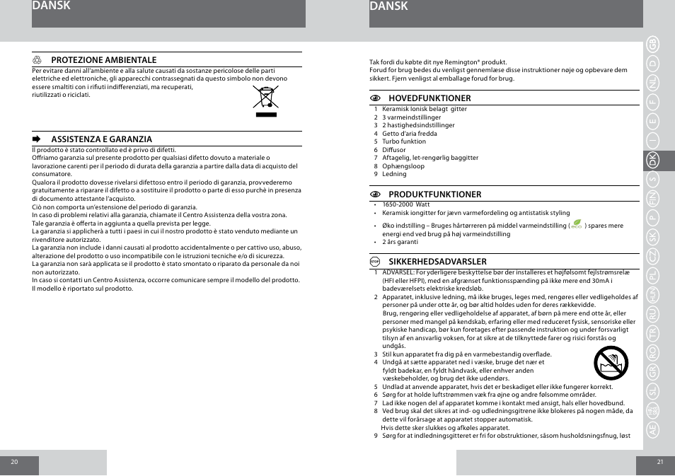 Dansk | Remington D3015 User Manual | Page 11 / 37