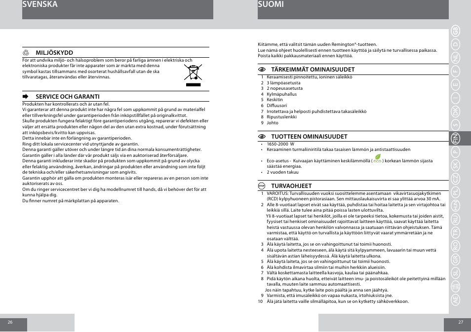 Svenska suomi | Remington D3015 User Manual | Page 14 / 37