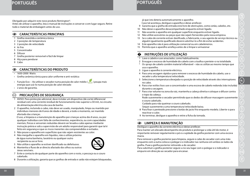 Português | Remington D3015 User Manual | Page 16 / 37