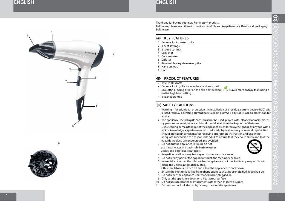 English | Remington D3015 User Manual | Page 2 / 37