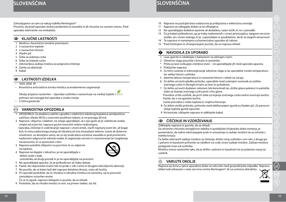 Slovenščina | Remington D3015 User Manual | Page 30 / 37