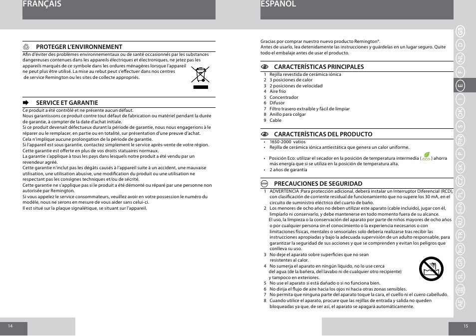 Français español | Remington D3015 User Manual | Page 8 / 37
