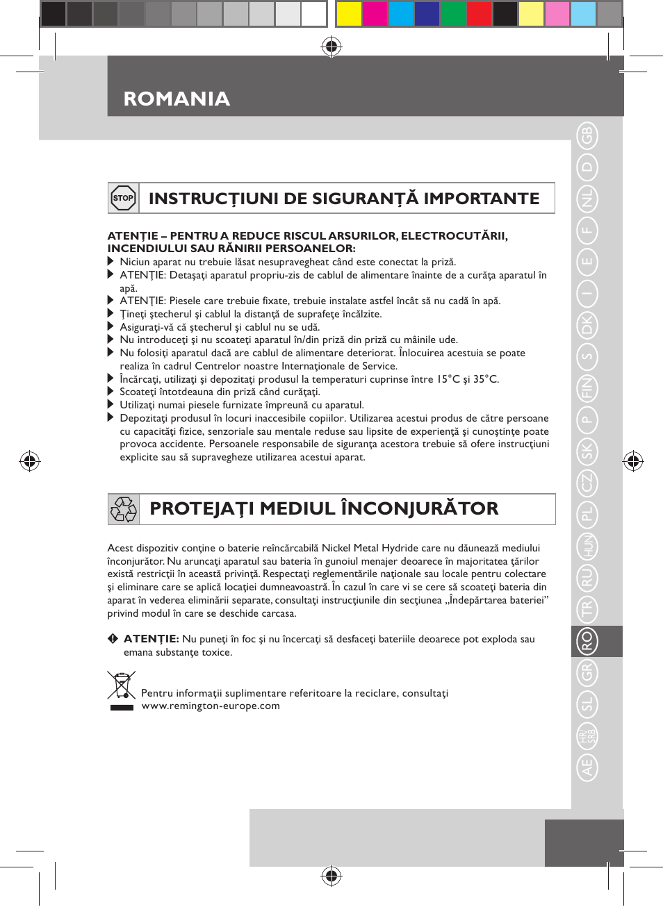 Romania, Protejaţi mediul înconjurător, Instrucţiuni de siguranţă importante | Remington MB4110 User Manual | Page 103 / 129