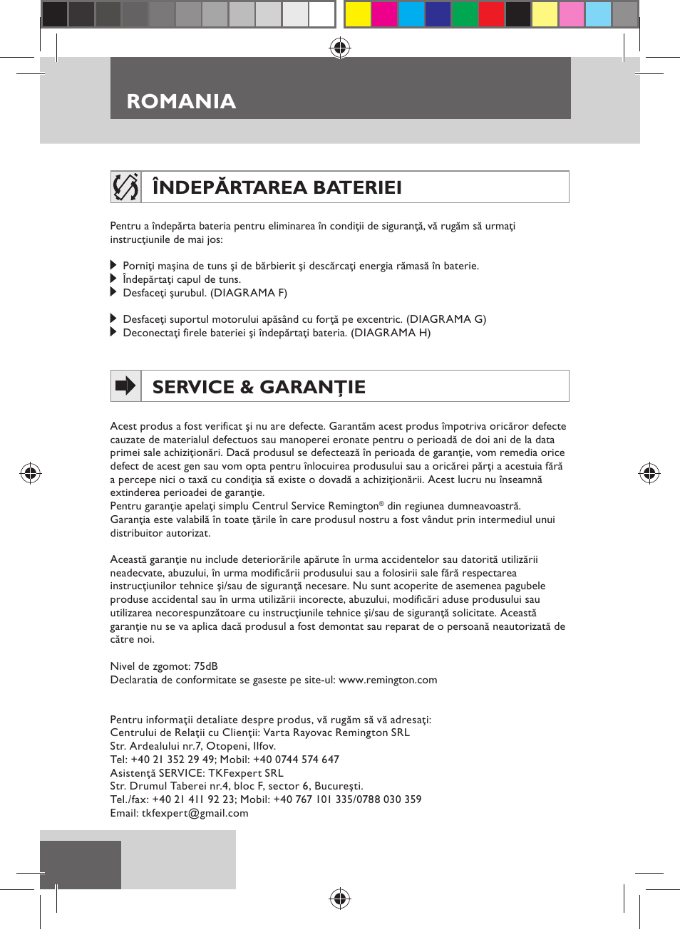 Romania, Îndepărtarea bateriei, Service & garanţie | Remington MB4110 User Manual | Page 104 / 129