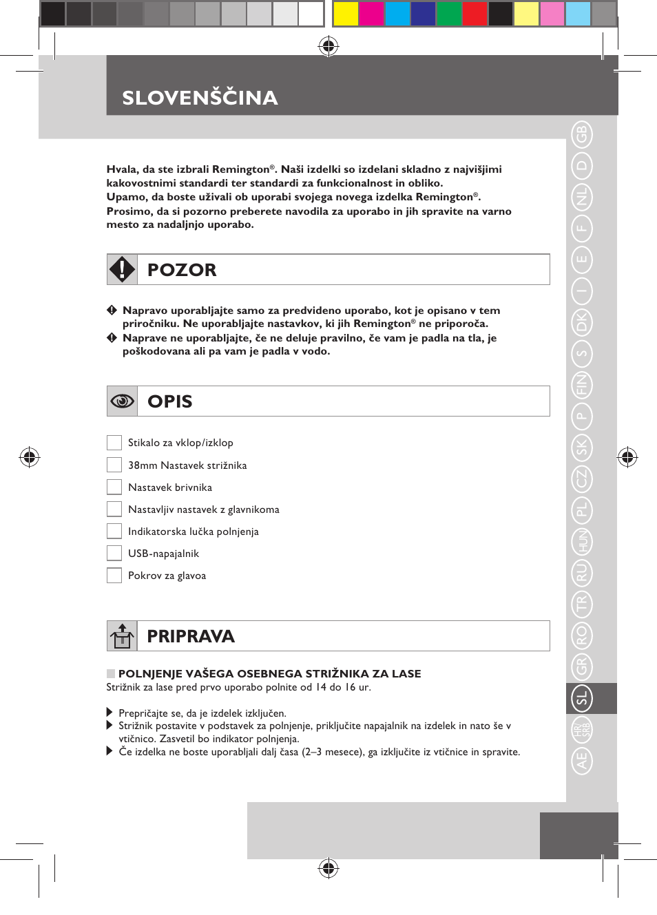 Slovenščina, Pozor, Opis | Priprava | Remington MB4110 User Manual | Page 111 / 129