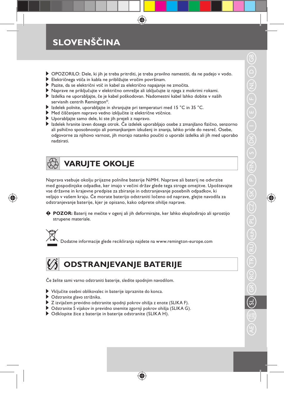 Slovenščina, Varujte okolje, Odstranjevanje baterije | Remington MB4110 User Manual | Page 115 / 129