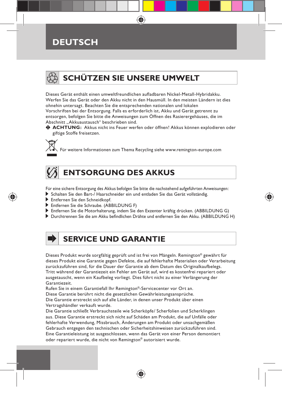 Deutsch, Schützen sie unsere umwelt, Entsorgung des akkus | Service und garantie | Remington MB4110 User Manual | Page 14 / 129