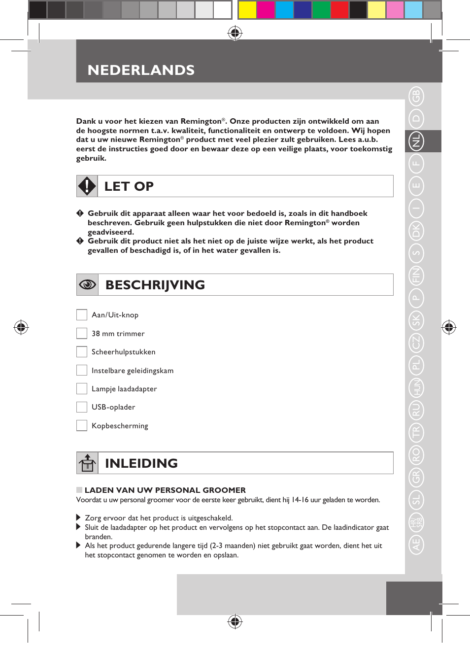 Nederlands, Let op, Beschrijving | Inleiding | Remington MB4110 User Manual | Page 15 / 129