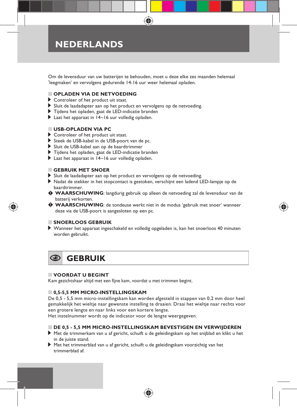 Nederlands, Gebruik | Remington MB4110 User Manual | Page 16 / 129